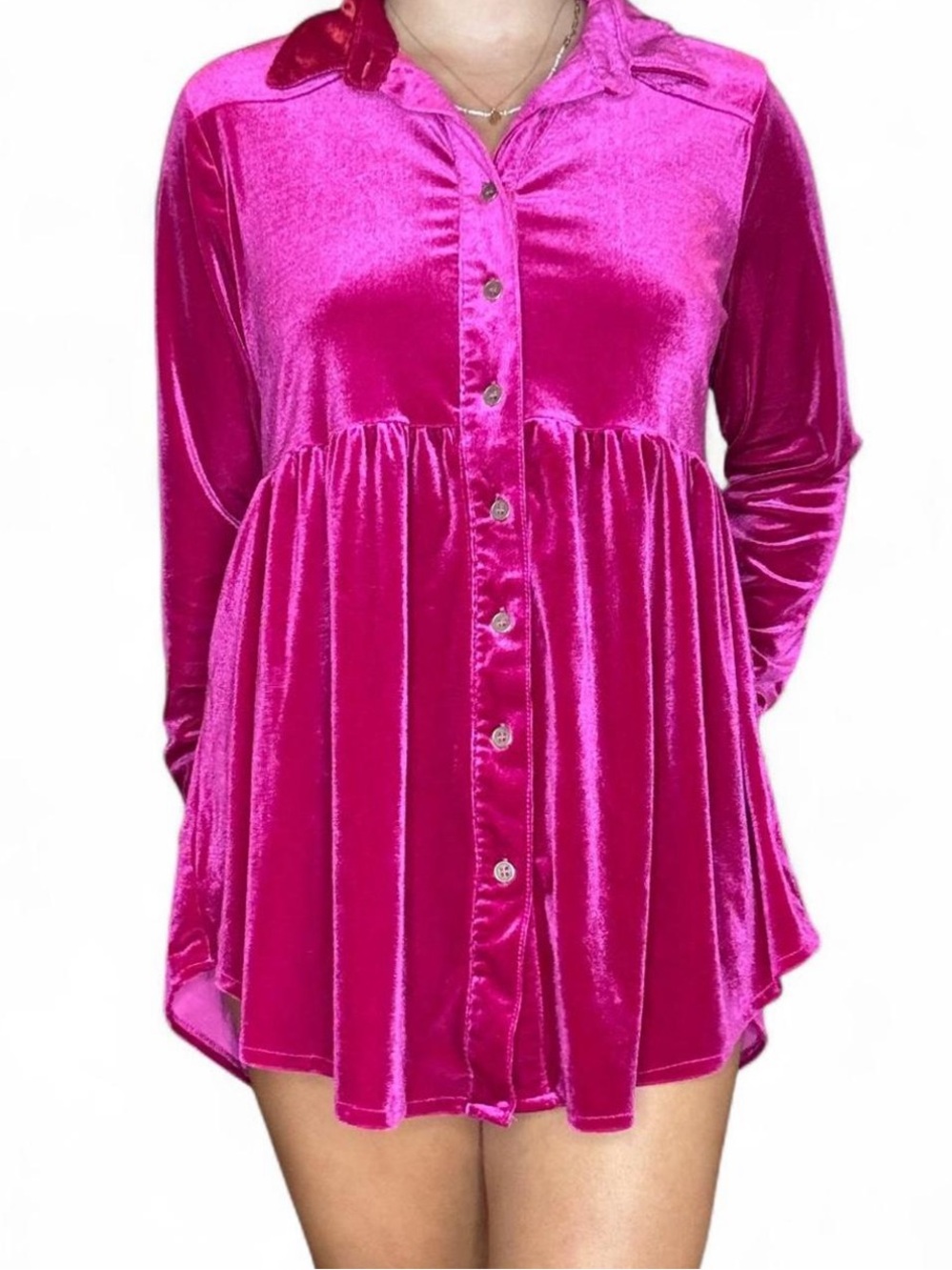 Fuchsia Velvet Button-Front Babydoll mini dress